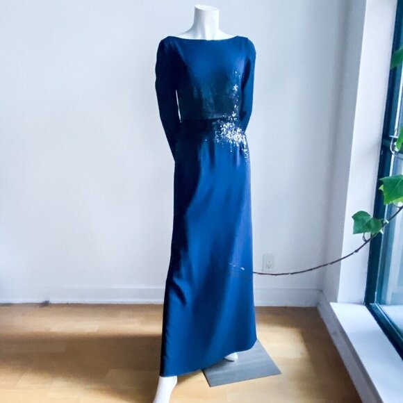 Pronovias Navy Blue Sequin Detail LOng Sleeve Formal Gown 8 - Picture 5 of 7